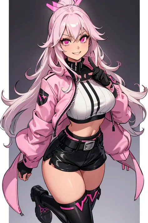 female, long silver hair with pink highlights, pink eyes, (((1girl))), (((white crop top with black trim))), (pink jacket), (black short shorts), (pink belt), (black stockings), (black fingerless gloves), (pink ankle boots), cute and sexy, full body, big b...