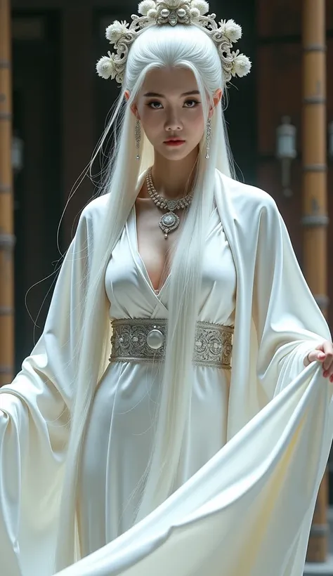 A Chinese princess holding a white cloth, a woman with long straight white hair, big breasts, wearing a luxurious, smooth, long white shawl, a lot of floral metal hair ornaments, high hair boxing in a desolate area, looking at the camera, holding a long wh...