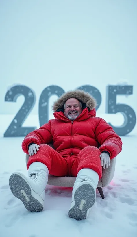   a man wearing white boots covered mainly by his wide runners .  And also wearing a bright red unpacked puffer winter jacket .   He is taking a pose sitting lazily reclined  . But theres no chair  ,  So its floating  .   The configuration is at the North ...