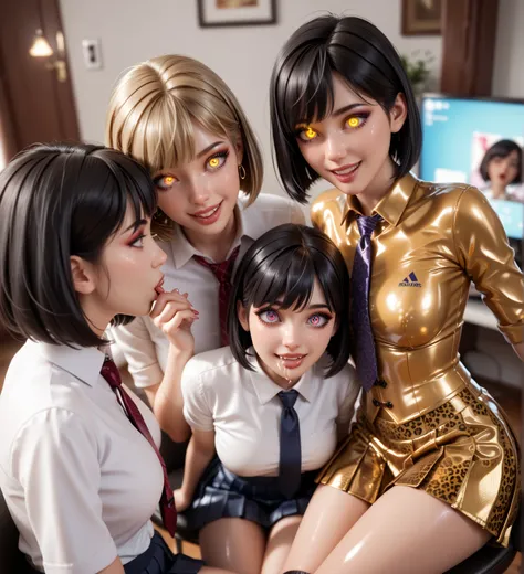 4 girls,  in extremely tight shiny golden latex polo shirt, bob cut,  black hair , Lens reflection,  reflecting light ,  high resolution ,  masterpiece,  are in the apartment and sitting at the TV, startled, glowing eyes, smile, saliva, salivafluss, saliva...