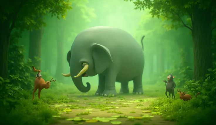 10. The elephant walking away sadly through the forest, meeting other animals like a deer and a monkey, who look concerned. 3D cartoon style
