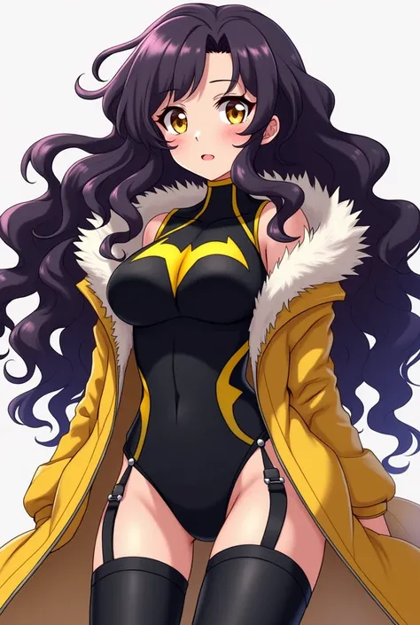 My hero academia anime girl with long big dark purple curly long hair and bright round yellow eyes with pretty eyelashes and thin eyashes shes wearing a hero outfit that consists of a black body suit with yellow accents and a yellow jacket with a furr coll...