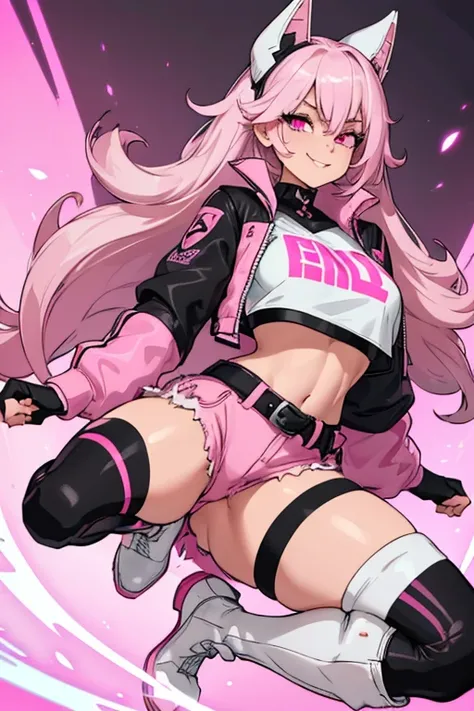 female, long silver hair with pink highlights, pink eyes, (((1girl))), (((white crop top with black trim))), (pink jacket), (black short shorts), (pink belt), (black stockings), (black fingerless gloves), (pink ankle boots), cute and sexy, full body, big b...