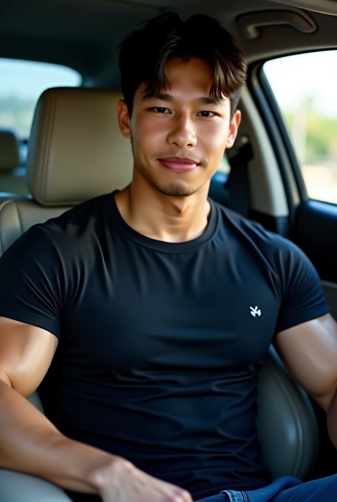 Korean guy, big arm muscles, muscular, handsome Korean guy with 8 six-pack abs, wearing a navy off-shoulder shirt and in a car  wears black t-shirt 