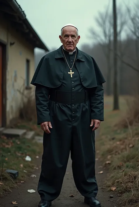  hyperrealistic photography ,  raw effects style full body of Pope Francis with an attitude wearing a black Adidas jumpsuit. The background is a slavic land