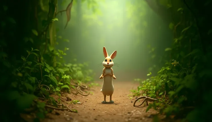 13. The rabbit confidently agreeing and setting off on a difficult, muddy path with overgrown vines and thorns. 3D cartoon style