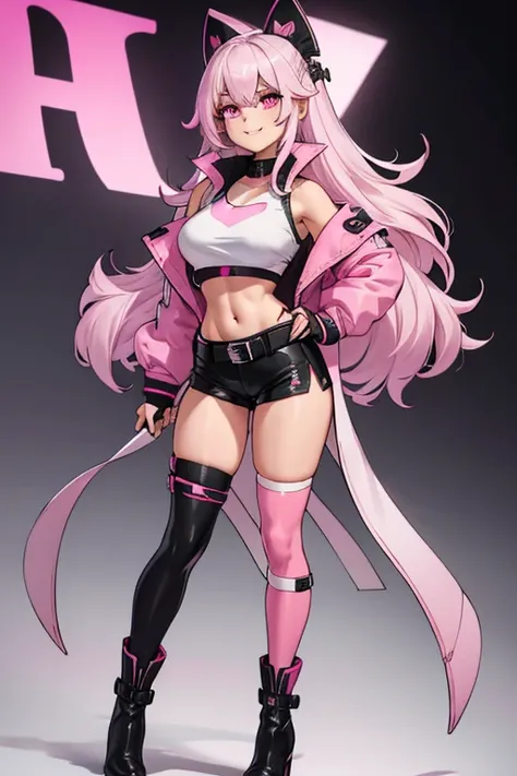 female, long silver hair with pink highlights, pink eyes, (((1girl))), (((white crop top with black trim))), (pink jacket), (black short shorts), (pink belt), (black stockings), (black fingerless gloves), (pink ankle boots), cute and sexy, full body, big b...