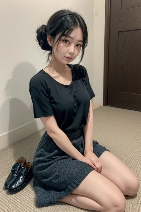 Create an image of a 40-year-old Japanese woman with the following appearance:  
- **Hair:** black, styled in a loose updo with soft waves.  
- **Eyes:** brown.  
- **Facial features:** delicate.  
- **Clothing:**  
  - Top: a loose short-sleeve blouse, wh...