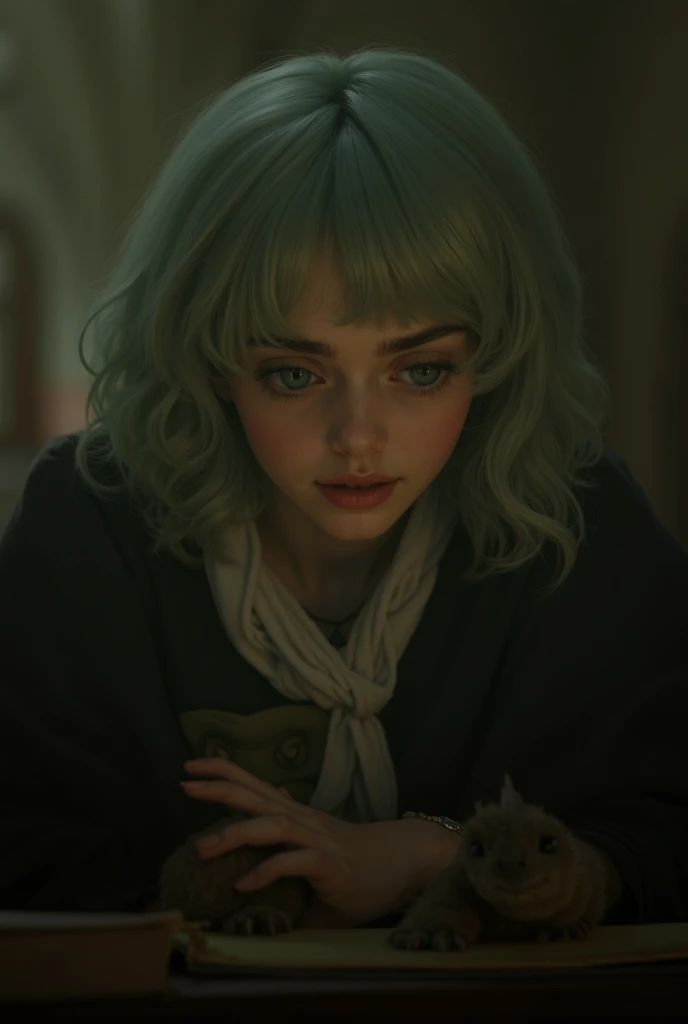 Create me the semi-realistic Disneylike image of a very pretty girl with pastel mint hair,  in the Hogwarts uniform taking care of a sick baby dragon ,  while her handsome classmate with medium-length black hair , with an arrogant but captivating smile ann...