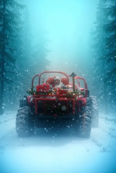 Santa in pine forest driving tractor and towing sleigh 