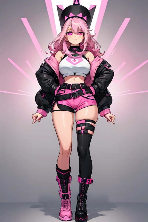 female, long silver hair with pink highlights, pink eyes, (((1girl))), (((white crop top with black trim))), (pink jacket), (black short shorts), (pink belt), (black stockings), (black fingerless gloves), (pink ankle boots), cute and sexy, full body, big b...