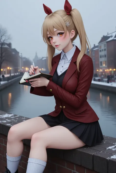 A serene riverside scene during a cold, overcast day. A  girl in platinum blonde twintails with red bows  is sitting on a cobblestone ledge, wearing a sophisticated and preppy outfit. Her outfit consists of a tailored maroon blazer adorned with subtle gold...