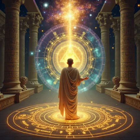 "photorealistic, A mystical and historical illustration representing the origins of numerology. The central figure is Pythagoras in an ancient Greek setting, surrounded by glowing numbers and sacred geometric patterns such as triangles, circles, and the go...