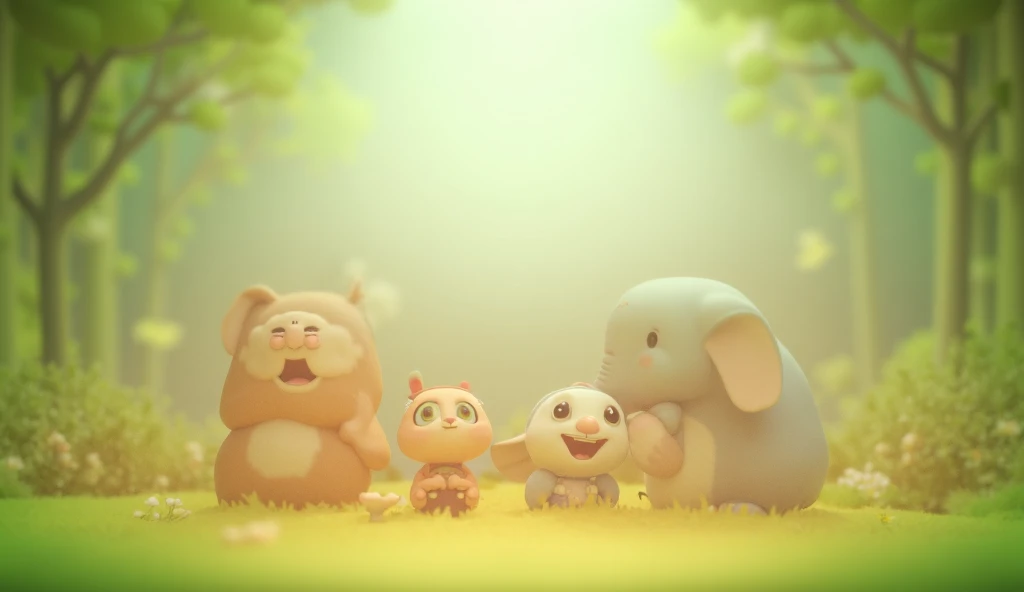 All the animals, including the rabbit and elephant, gathered together, smiling and enjoying their time peacefully in the forest. 3D cartoon style
