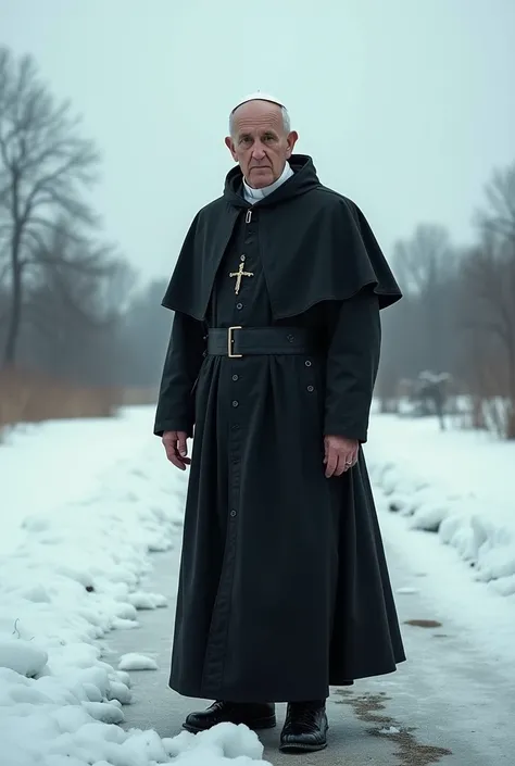  hyperrealistic photography ,  raw effects style full body of Pope Francis with an attitude wearing a black Adidas jumpsuit. The background is a slavic land in Chistmas time 