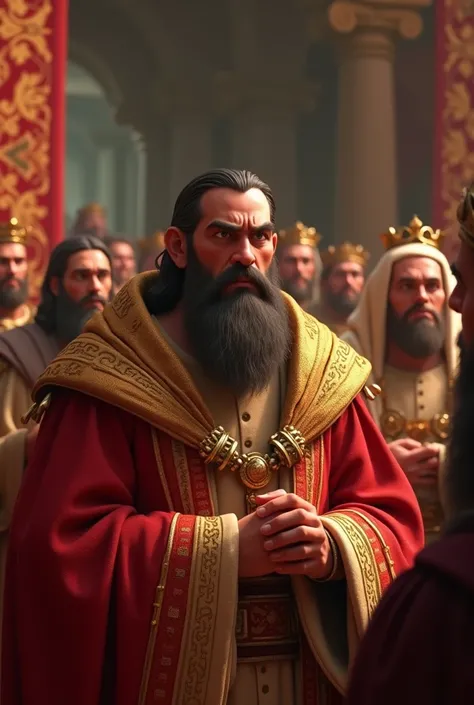  King Herod angry and afraid of Jesus, wearing king clothes from the time   , filme da disney 3d animation, disney pixar