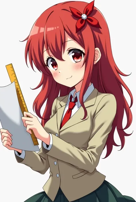 anime girl with red hair holding a ruler and paper, an anime drawing inspired by Unichi Hiratsuka, pixiv contest winner, mingei, tall female emo art student, gapmoe yandere, yayoi kasuma, akane owari danganronpa, she has red hair, as an anime character, ku...