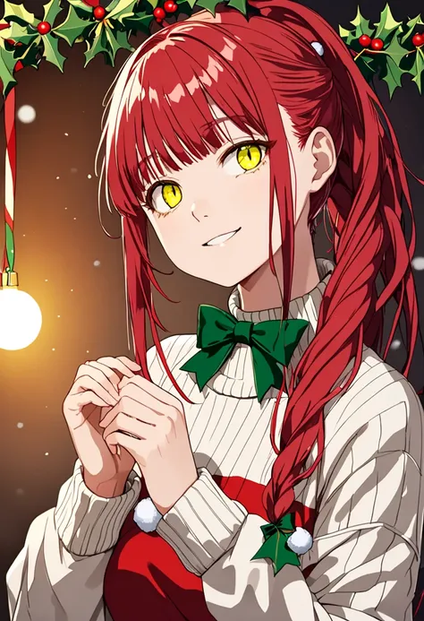 (masterpiece:1.2), (best quality:1.2), newest, intricate details, perfect anatomy, 1girl:1.5, solo:1.5, (makima (chainsaw man)), ((red christmas sweater:1.5, fluffy sweater, green christmas bowtie:1.2, long sleeves, long sweater, sweater dress:1.2)),
((med...