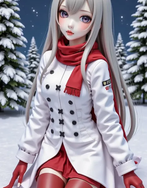 Gothic **** tower cosplay , Cute girl,  vampire、 vampireｍ￥、 white trench coat , Red scarf、Red gloves、masterpiece, ((  long hair )),  long gray hair  ,  very long straight hair, Short bangs, albino  White Skin,  Pale eyes   ,  Narrow shoulders, Moderate che...