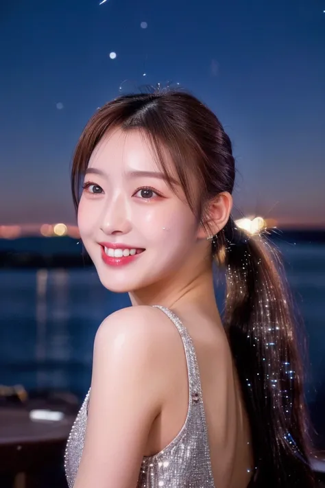 ((Human-like))、 looking at camera, Drooping eye corners, White teeth, ((20 years old)),  top quality ,  super high res, ( realistic: 1.4),  bright smile, ((Sparkling Night View )),  upper body,  ponytail, ((turn around)),  beauty