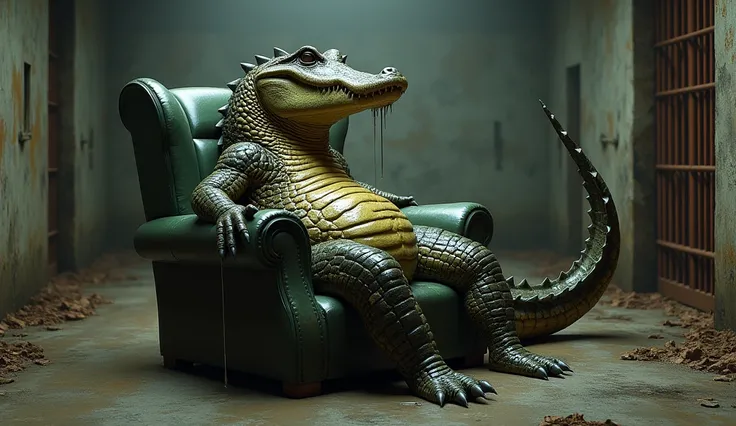 A crocodile sits in a chair into a old jail room .