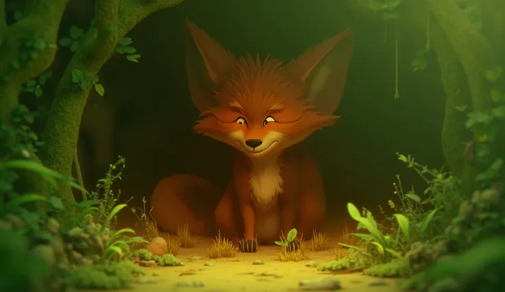 Cunning fox introduction: A sly fox sitting near her den with a mischievous smile, thinking about her next plan to trick the innocent animals of the forest 3D cartoon style