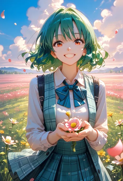 ,((best quality, high resolution)), (delicate illustration), (pastelcolor style illustration:1.4), (watercolor style illustration:0.4), ((beautiful:1.3)), 4k,(happy), (flowers),((cowboy shot)),
BREAK
,kazami yuuka, short hair, flower field, plaid skirt, fi...