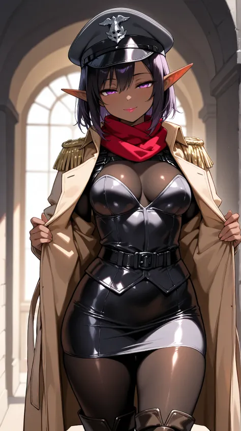  Young Beautiful Dark Elf Women ,(masterpiece, top quality , very detailed depiction, incredibly absurd high definition ,Curvaceous Body),(female cavalry officer , epaulettes, tight skirt , Trench Coat , red scarf, Body Stocking , black tights, boots),( br...