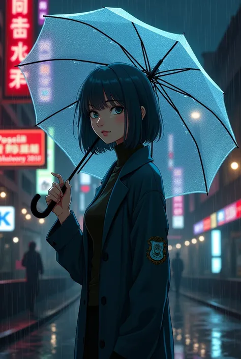 
 Create a picture in 90s anime style
Make me a picture of a white woman,  early 30s . 
She has a shoulder-length graduated hairstyle and a dark hair color . The hairstyle looks slightly disheveled .   She is standing under a street lamp with an open holog...