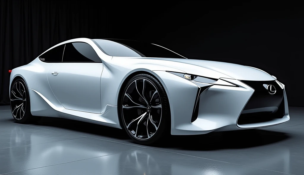 2025 lexus electric sedan shiny white color in black showroom side  weiw prompt