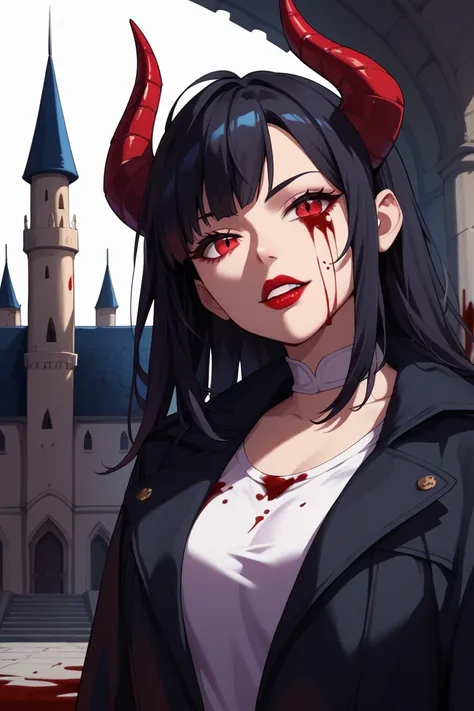 1girl,red_eyes,black_hair,long_hair,big_boobs,blood_on_face,demon_girl,zoom,castle,(clothing),white_background,zoom,big_zoom,close_up_of_face,red_lipstick,horn, blood_face, blood, boobs, castle, black_coat, blood_face, adult, black hair