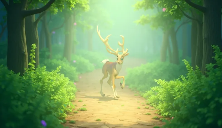 Deer starts journey: The deer walking through a narrow forest path, surrounded by bushes and trees, looking determined to reach the magical lake.
3D cartoon style