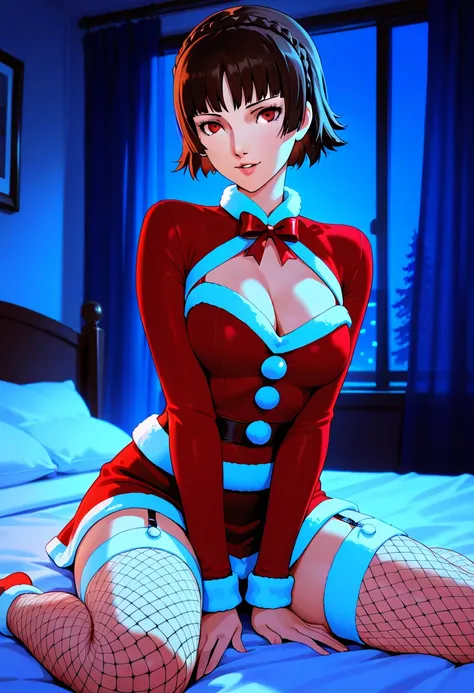 1girl, persona5, niijima makoto, brunette, braid, slender, santa girl cosplay, santa cape, long sleeves, cleavage cut out top, mini skirt, garter strap, fishnet thighs, fur-trimmed, wariza on bed, looking at back, (best quality,4k,8k,highres,masterpiece,ne...