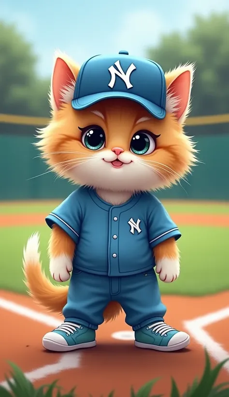 Ugly kitten wearing casual clothes in the style of a blue baseball uniform、  big eyes、  fluffy and big  、Background baseball field、  slightly smaller in the middle  、spike、1 full body 
