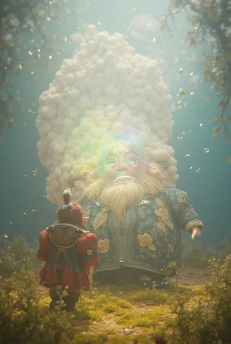 A dwarf who sneezes like a rainbow and next to him is a marshmallow tree