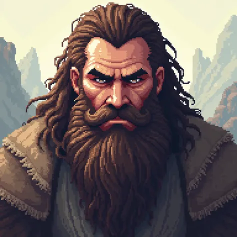 Pixel Art Illustration Depict a portrait of a rugged man-god with a beard.