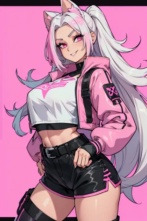 female, long silver hair with pink highlights, pink eyes, (((1girl))), (((white crop top with black trim))), (pink jacket), (black short shorts), (pink belt), (black stockings), (black fingerless gloves), (pink ankle boots), cute and sexy, full body, big b...