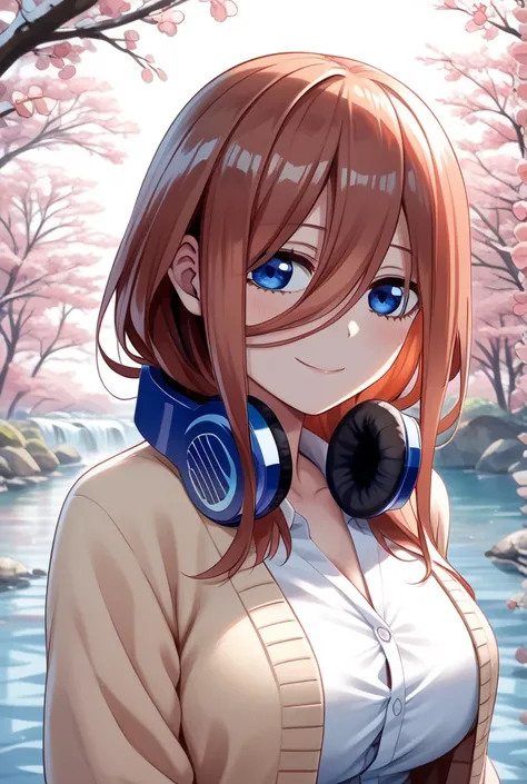 ,miku nakano, long hair, bangs, blue eyes, brown hair, shirt, hair between eyes, headphones, cardigan, headphones around neck, mature female,yandere,shaded face,empty eyes,miku nakano, long hair, bangs, blue eyes, brown hair, shirt, hair between eyes, head...