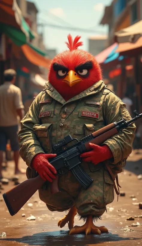 High Resolution, Masterpiece, Anatomically Correct, Accurate, Award Winning, Best Quality, Detail, Damaged, HD, High Details, High Quality, Quality, Super Detailed, Retina, Textured Skin, UHD, "A red angry bird wearing a full military soldier uniform with ...