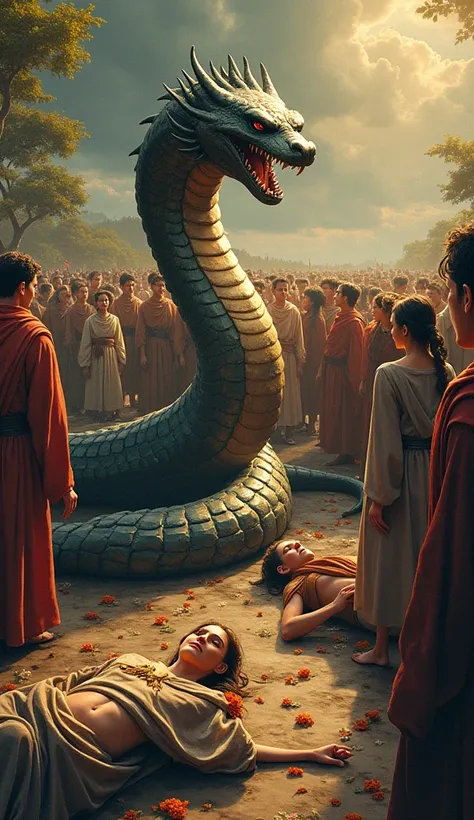  People injured and lying on the ground begin to stand up and show relief when looking at the bronze serpent. Healing is evident , with expressions of gratitude and joy.
details:
 Visible wounds on people gradually disappear ,  and the environment gains a ...