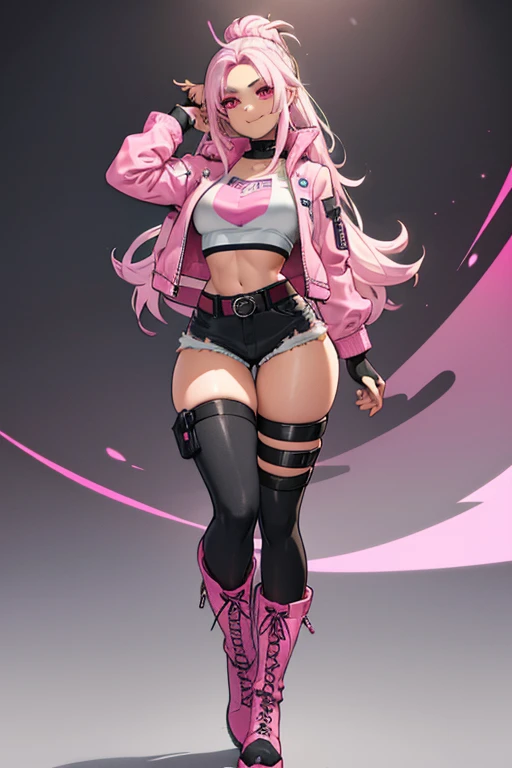 female, long silver hair with pink highlights, pink eyes, (((1girl))), (((white crop top with black trim))), (pink denim jacket), (black short shorts), (pink belt), (black stockings), (black fingerless gloves), (pink ankle boots), cute and sexy, full body,...