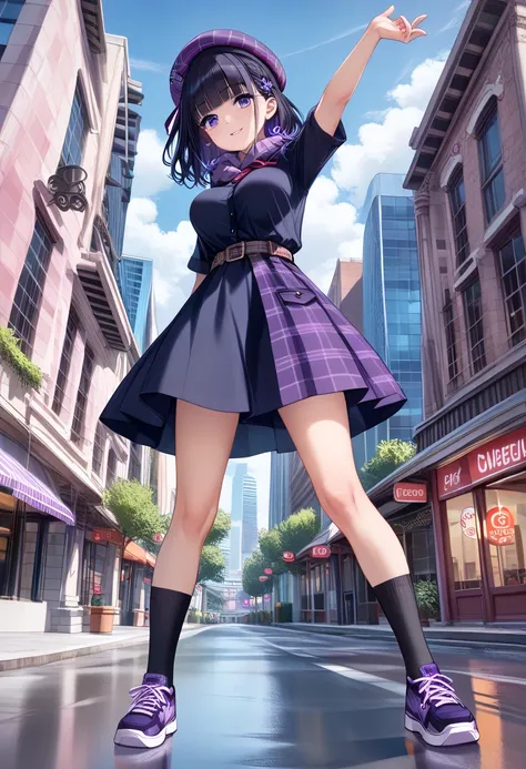 Prompt:girl,(wave hair),(highlight:1.5),(best quality:1.5),standing,((put on have a purple checked plaid beret:1.5)),((downtown area building:1.5)),((purple checked plaid patchwork crew neck long sleevve casual dress:1.5)),(purple checked plaid belt:1.5)),...