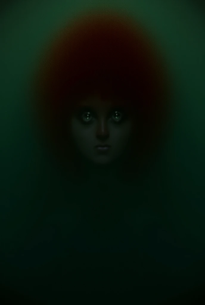 Create a fictional red-haired green-eyed character with a half-defined body who is in a horror movie situation