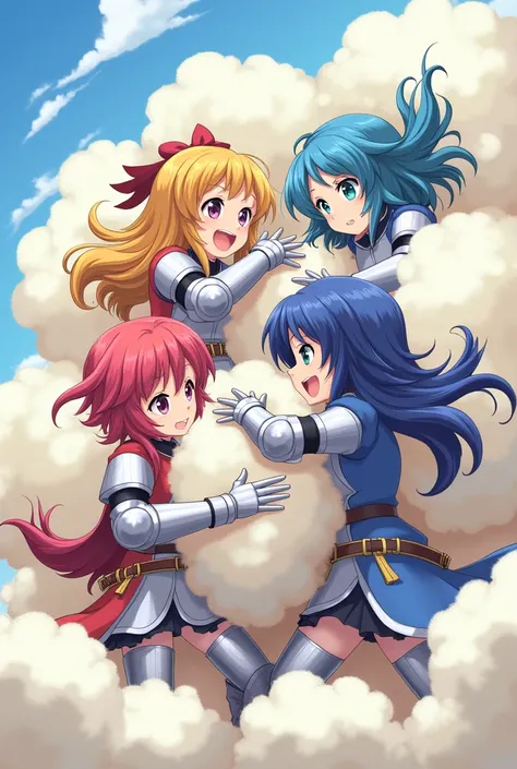 An anime-style art depicting many knight-girls playfully wrestling with each other inside a  comical fight cloud.
each knight-girl has different colored hair.
their faces,hands,and feet are visible emerging from the cloud as they tussle humorously,  with t...