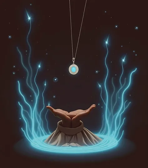 Depict a minimalist movie poster featuring an upward-facing khaki-dressed hand, fingers slightly curled, suspending a magical locket glowing with powerful blue and white energy. The locket’s magic radiates outward in clean, geometric waves, with sparks and...