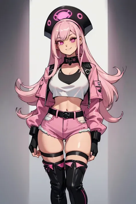 female, long silver hair with pink highlights, pink eyes, (((1girl))), (((white crop top with black trim))), (pink denim jacket), (black short shorts), (pink belt), (black stockings), (black fingerless gloves), (pink ankle boots), cute and sexy, full body,...