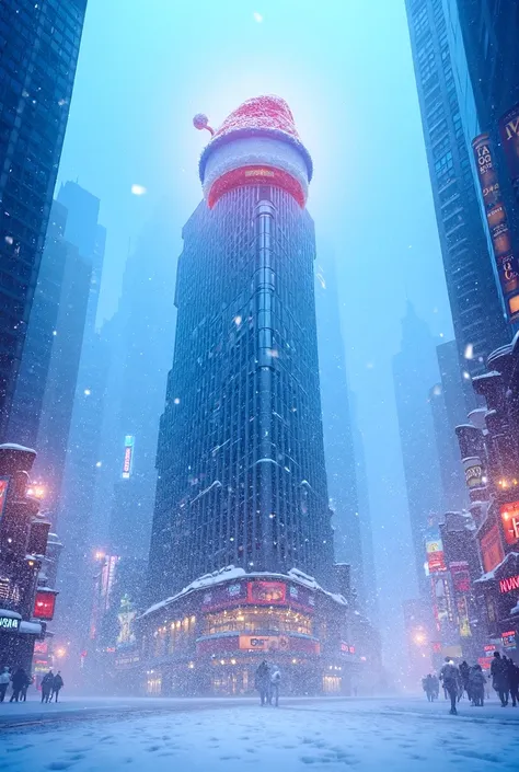 make time square building wearing a Christmas hat on it, and snow falling around it 