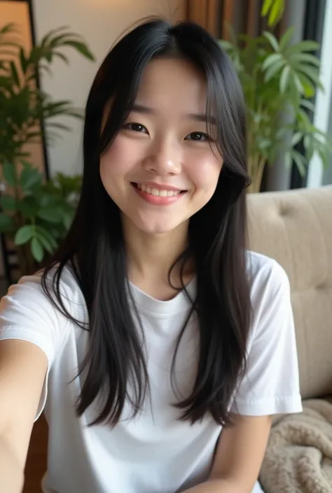 A young Japanese woman with long, straight black hair, wearing a simple white t-shirt, taking a selfie in her cozy living room, sitting on a beige sofa with a soft blanket. The background features houseplants and warm lighting.