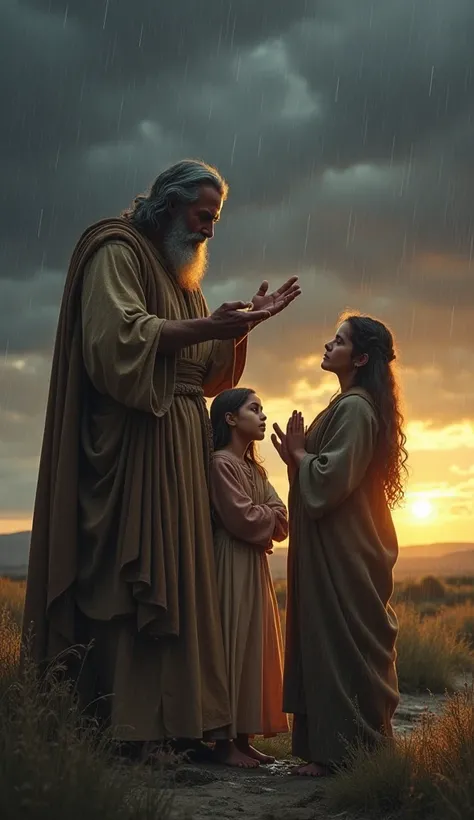 Noah and his family ,  raising their hands in prayer ,  as the first raindrops begin to fall.