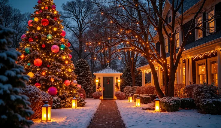 An outdoor Christmas setup with a large tree decorated with colorful lights, lanterns, and oversized ornaments. The yard is covered with twinkling fairy lights hanging from trees, and a path leading to the door is lined with glowing lanterns. Snow gently f...